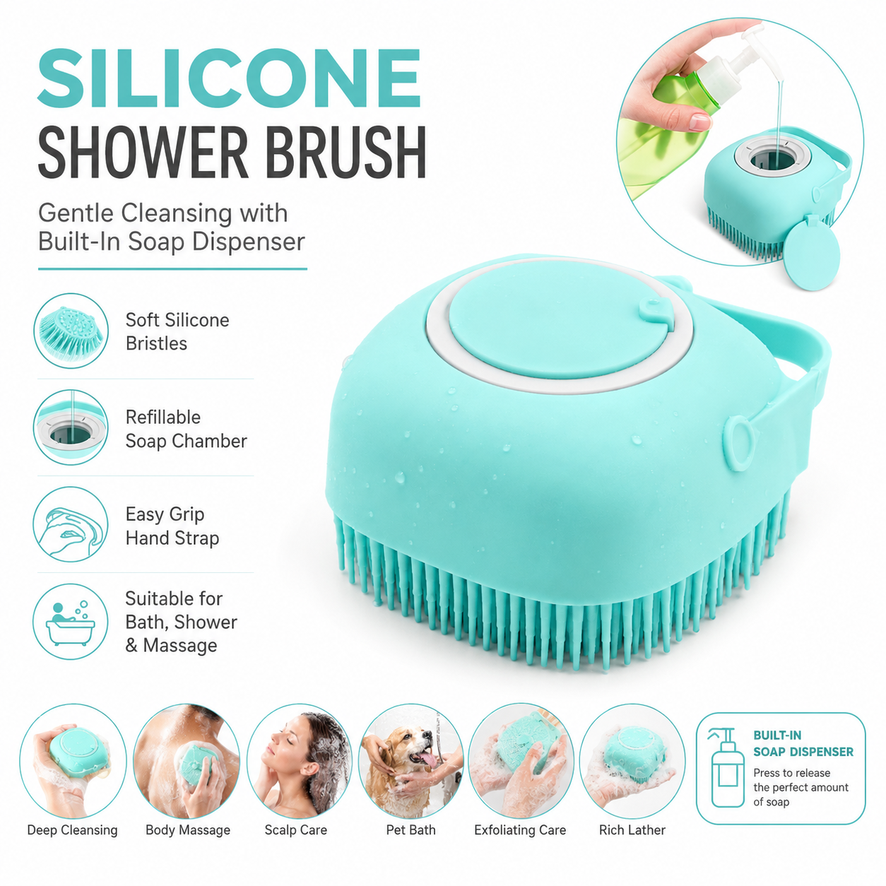 Silicone Body Scrubber – Soft Bristle Bath Brush with Soap Dispenser